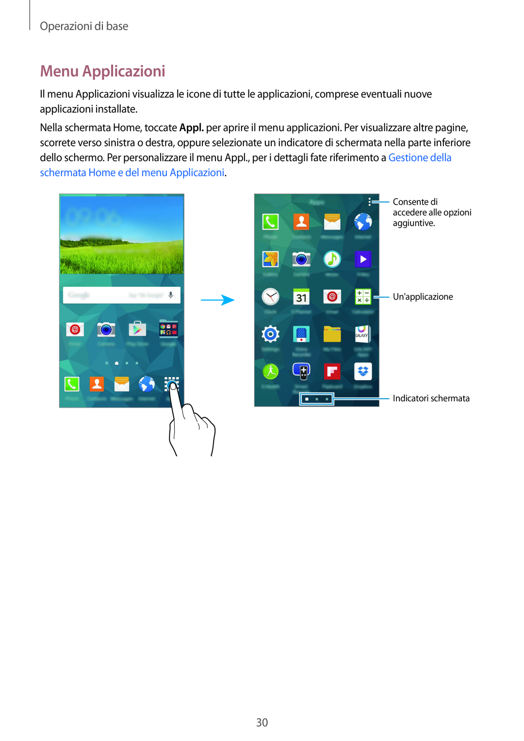 Samsung SM-G900FZKAWIN Menu Applicazioni, Operazioni di base, Consente di accedere alle opzioni aggiuntive Unapplicazione 
