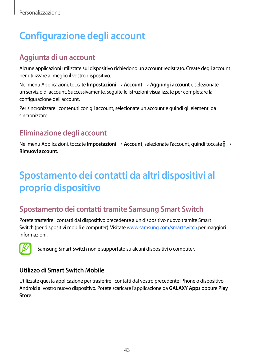 Samsung SM-G900FZKAORX Configurazione degli account, Spostamento dei contatti da altri dispositivi al proprio dispositivo 