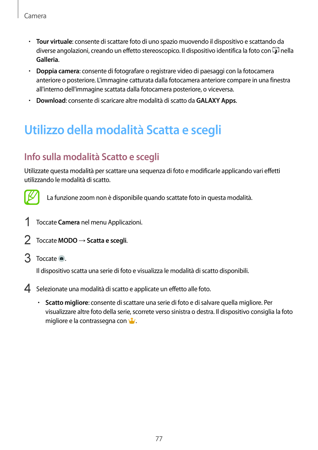 Samsung SM-G900FZKAHUI manual Utilizzo della modalità Scatta e scegli, Info sulla modalità Scatto e scegli, Camera 