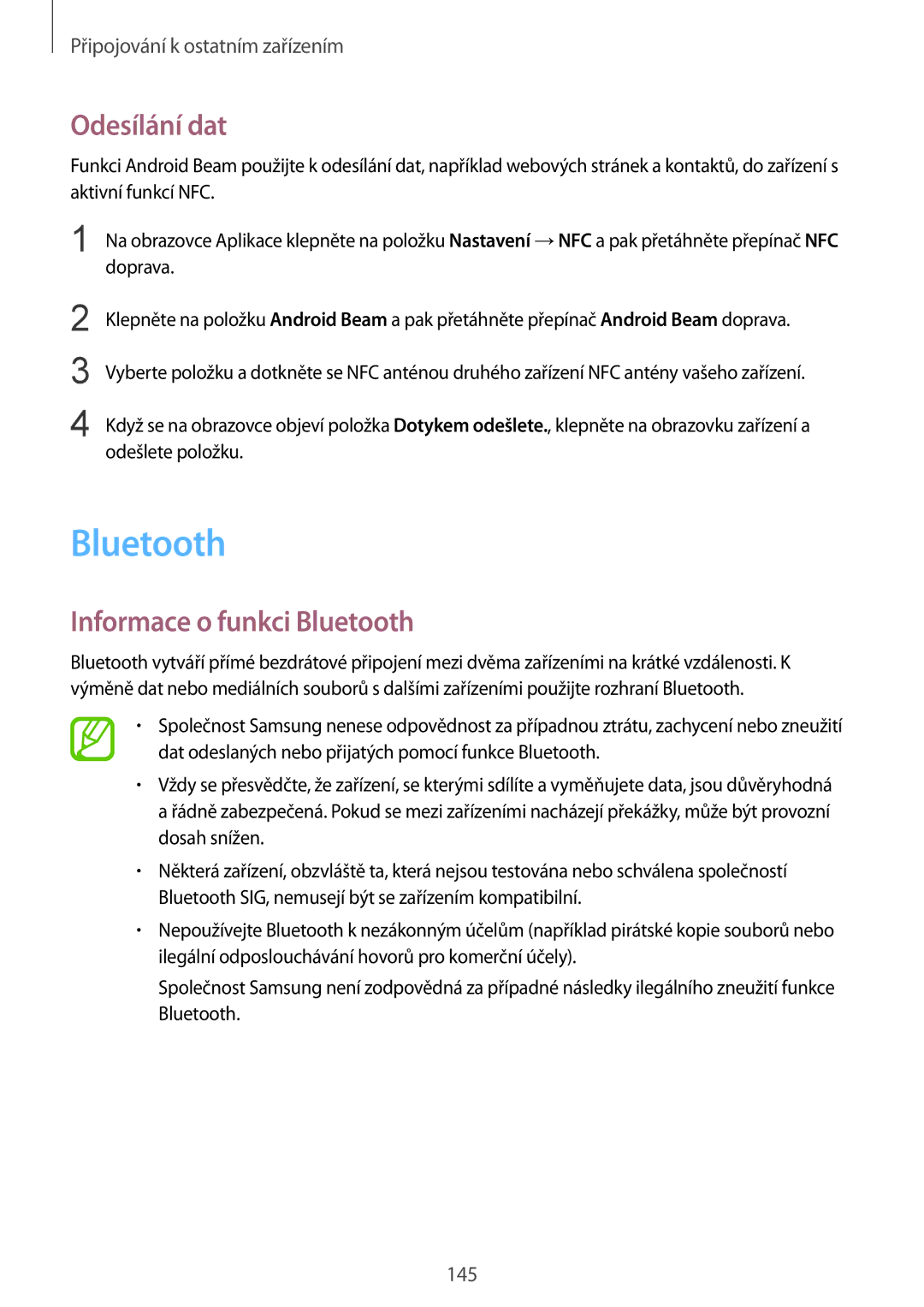 Samsung SM-G900FZDAAUT, SM-G900FZKADBT, SM-G900FZWAETL, SM-G900FZWAATO manual Odesílání dat, Informace o funkci Bluetooth 