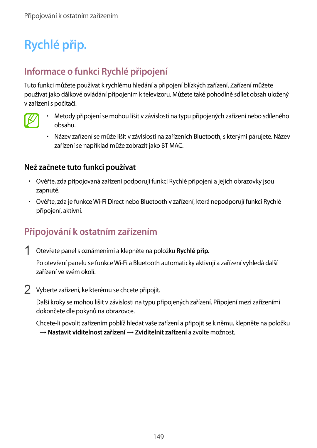 Samsung SM-G900FZWAXEO, SM-G900FZKADBT manual Informace o funkci Rychlé připojení, Připojování k ostatním zařízením 