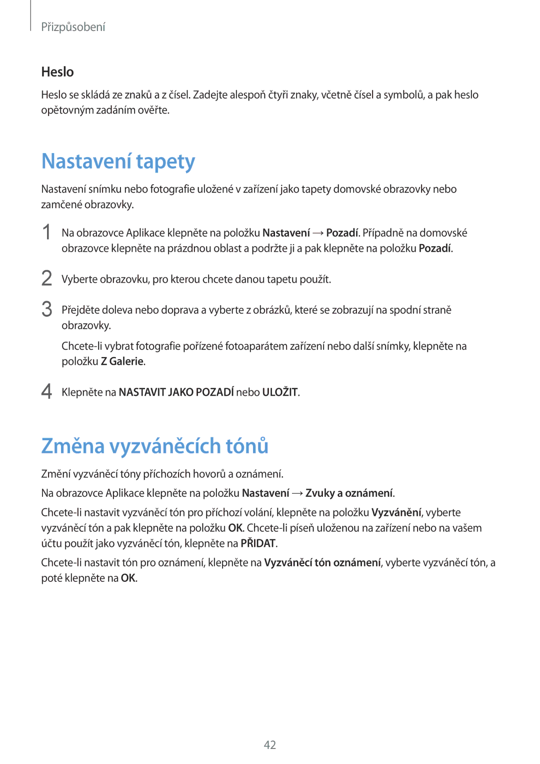 Samsung SM-G900FZBADRE manual Nastavení tapety, Změna vyzváněcích tónů, Heslo, Klepněte na Nastavit Jako Pozadí nebo Uložit 