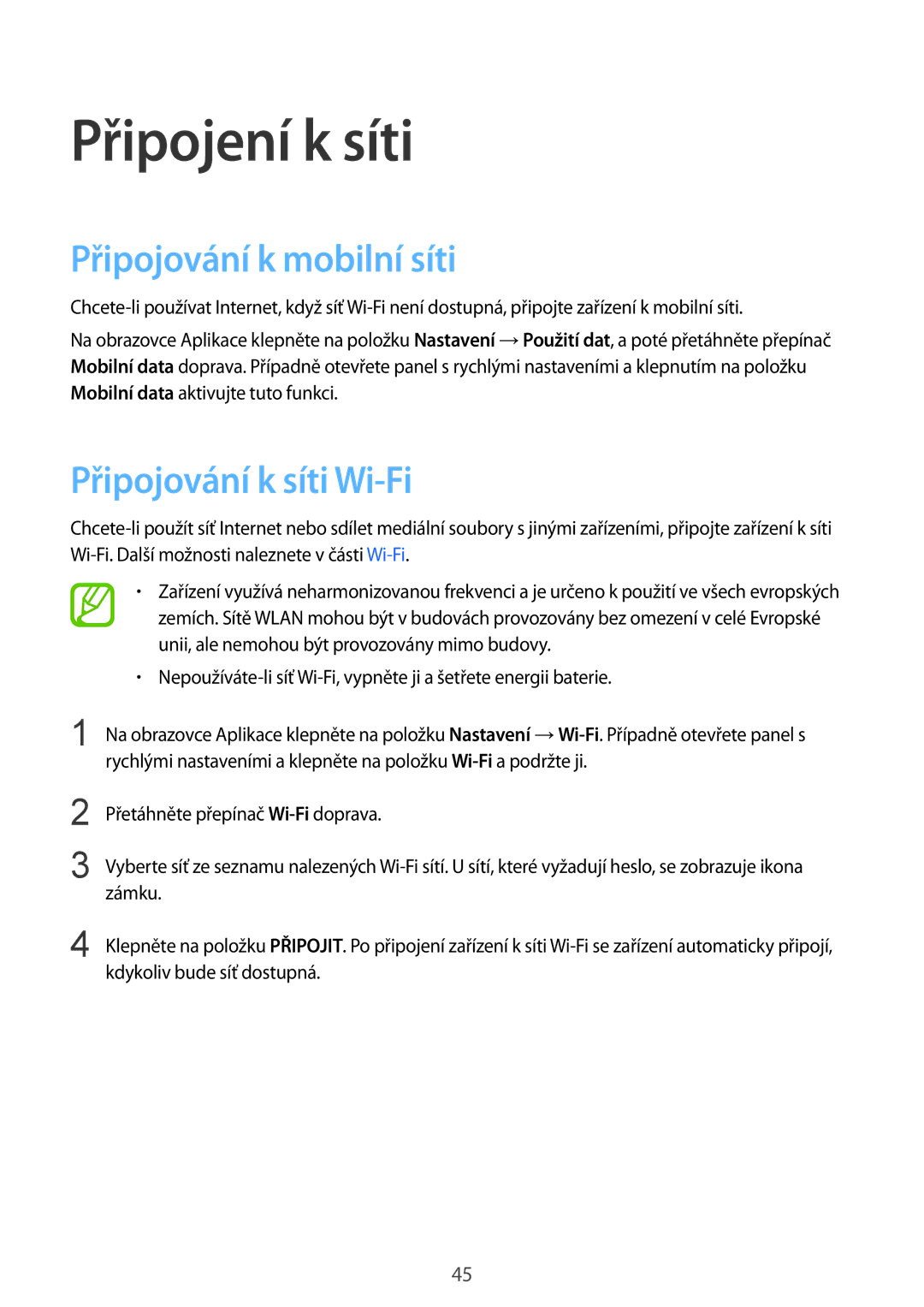 Samsung SM-G900FZWAVDH, SM-G900FZKADBT manual Připojení k síti, Připojování k mobilní síti, Připojování k síti Wi-Fi 