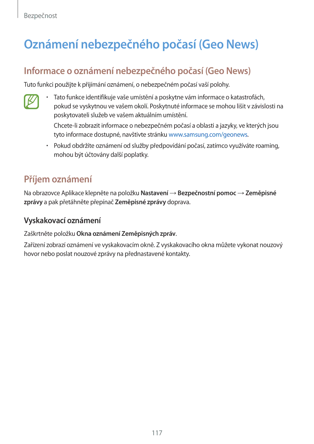 Samsung SM2G900FZKAXEH manual Oznámení nebezpečného počasí Geo News, Informace o oznámení nebezpečného počasí Geo News 