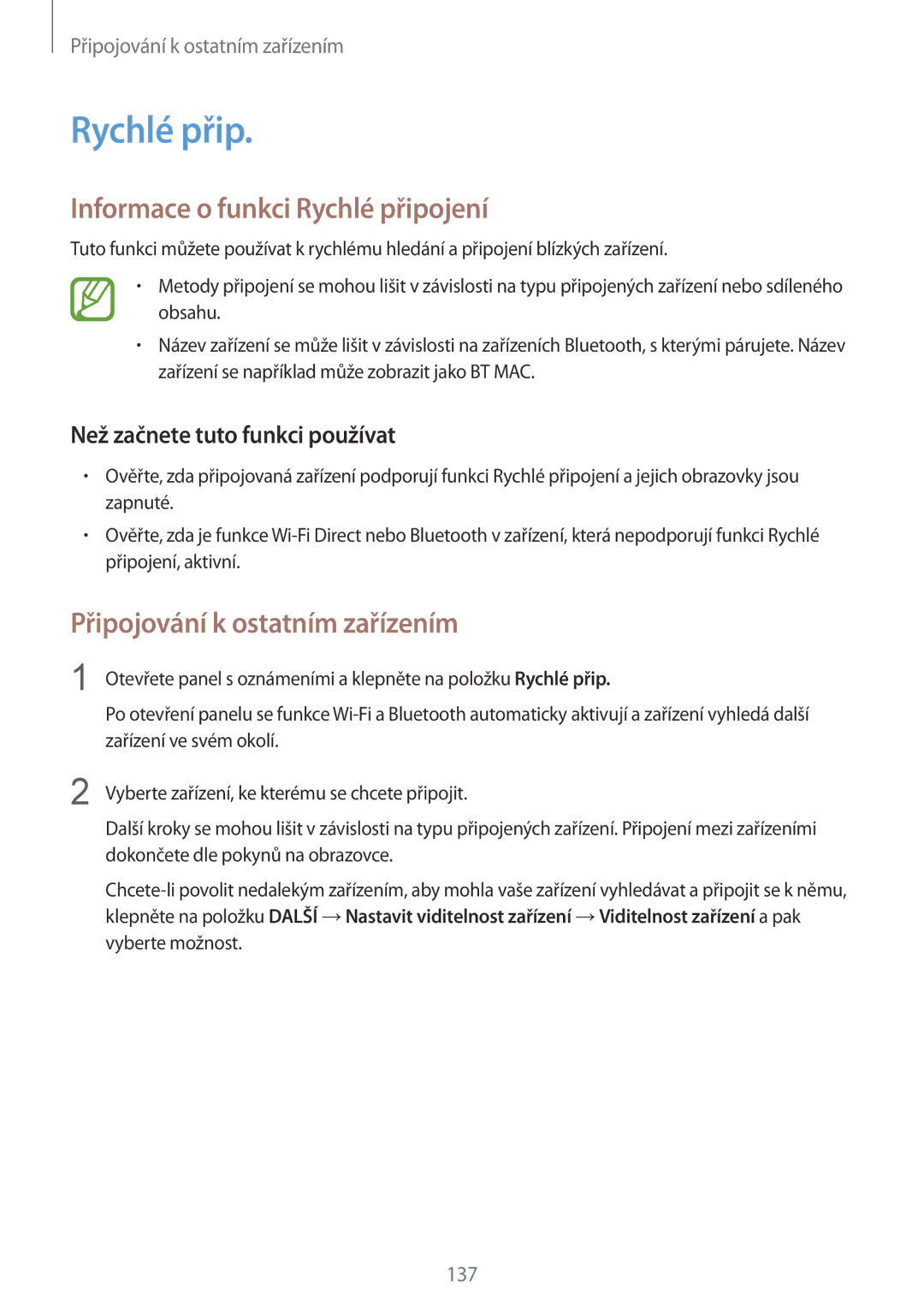 Samsung SM-G900FZKAETL, SM-G900FZKADBT manual Informace o funkci Rychlé připojení, Připojování k ostatním zařízením 
