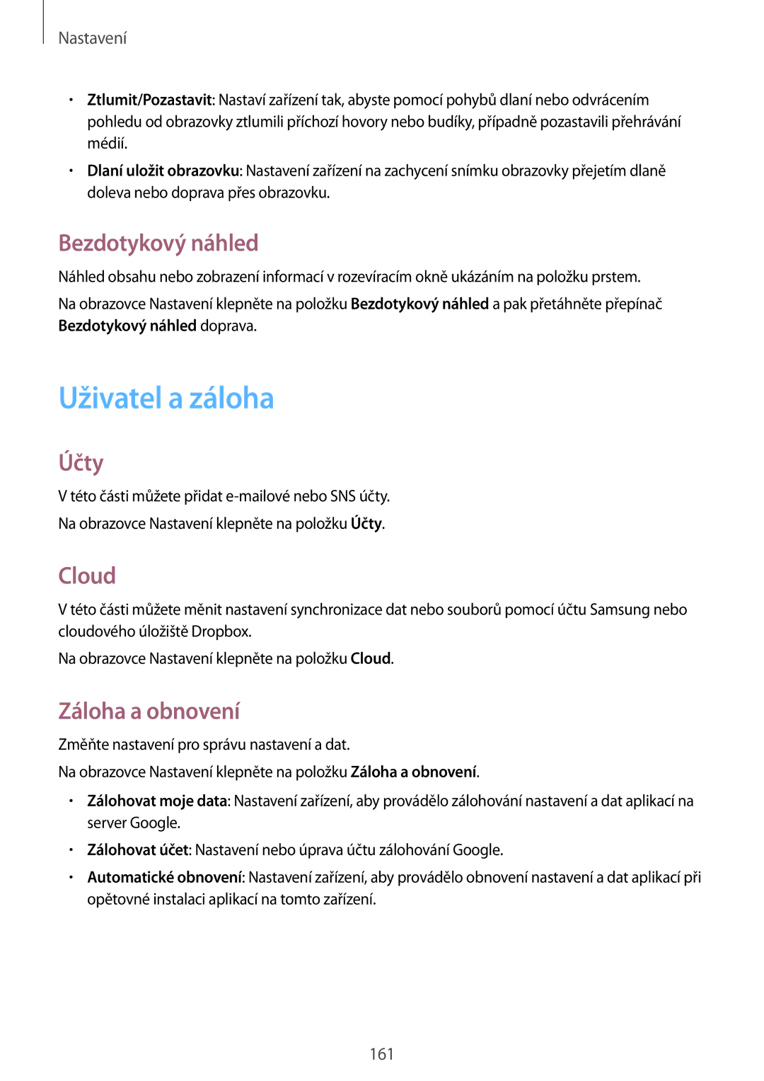 Samsung SM2G900FZKAVDH, SM-G900FZKADBT manual Uživatel a záloha, Bezdotykový náhled, Účty, Cloud, Záloha a obnovení 