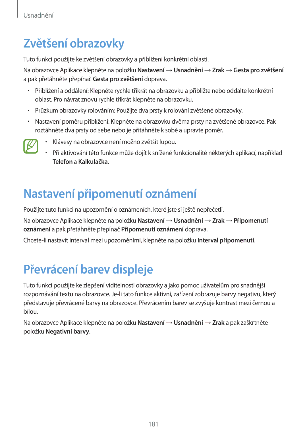 Samsung SM-G900FZDAORX, SM-G900FZKADBT manual Zvětšení obrazovky, Nastavení připomenutí oznámení, Převrácení barev displeje 