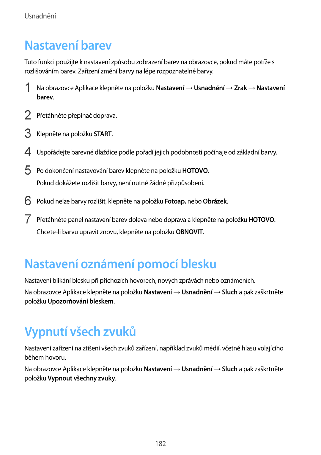 Samsung SM-G900FZKECNX, SM-G900FZKADBT manual Nastavení barev, Nastavení oznámení pomocí blesku, Vypnutí všech zvuků 