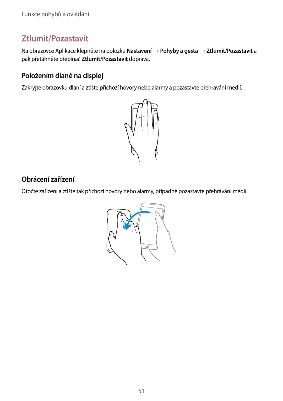 Samsung SM2G900FZDATMZ, SM-G900FZKADBT, SM-G900FZWAETL Ztlumit/Pozastavit, Položením dlaně na displej, Obrácení zařízení 