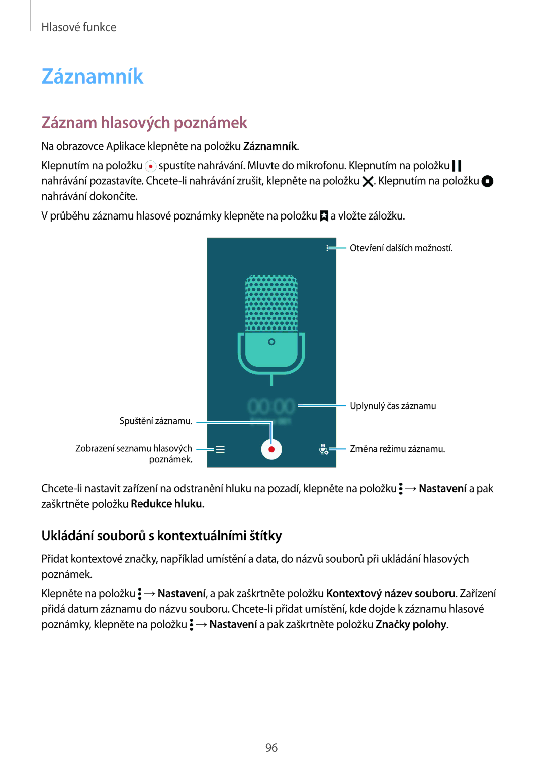 Samsung SM-G900FZBAEUR, SM-G900FZKADBT manual Záznamník, Záznam hlasových poznámek, Ukládání souborů s kontextuálními štítky 