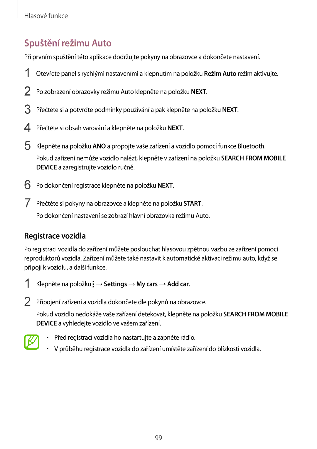 Samsung SM-G900FZKAVDC, SM-G900FZKADBT, SM-G900FZWAETL, SM-G900FZWAATO manual Spuštění režimu Auto, Registrace vozidla 