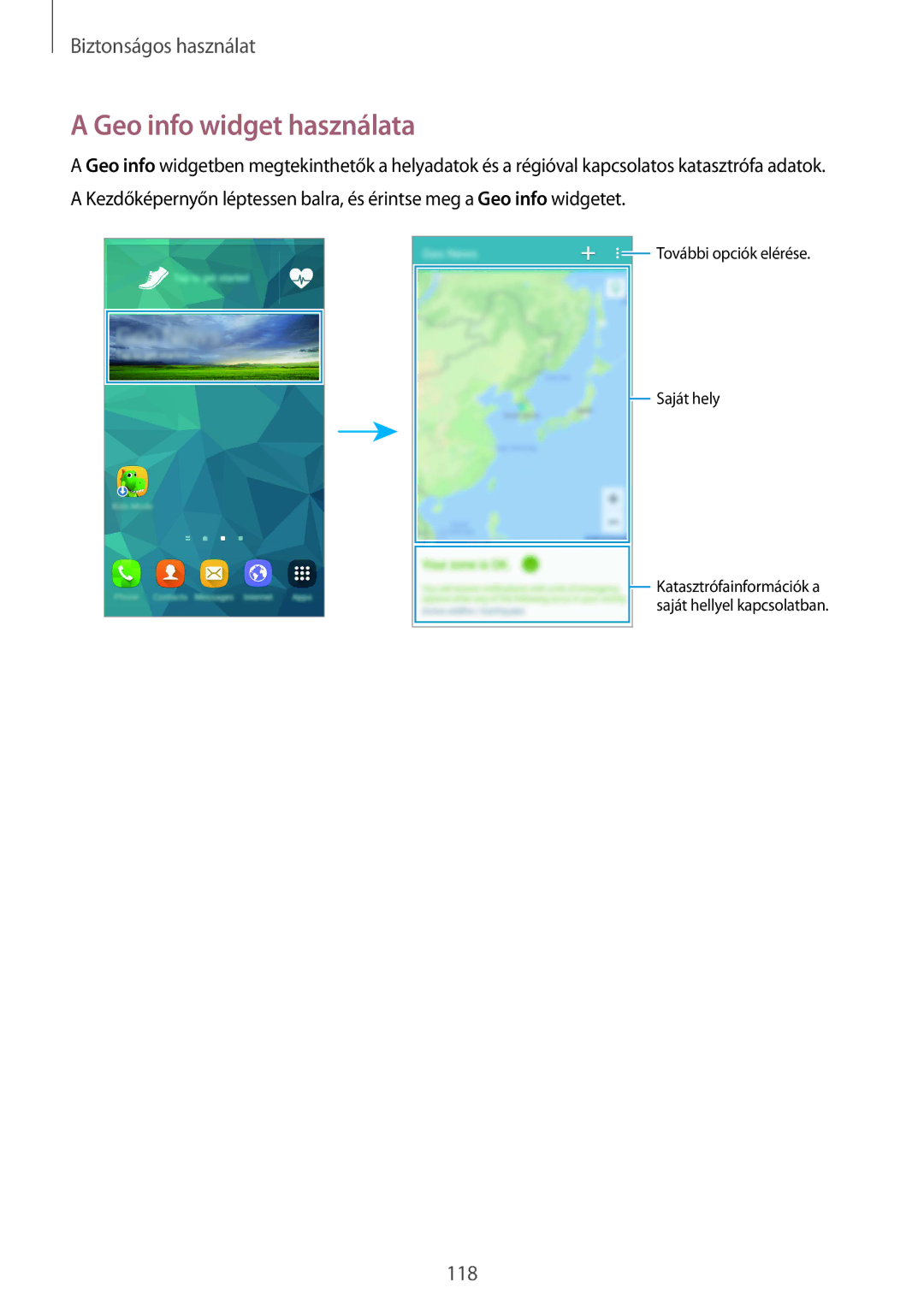 Samsung SM2G900FZKAO2C, SM-G900FZKADBT, SM-G900FZWAETL, SM-G900FZWAATO, SM-G900FZKASWC manual Geo info widget használata 