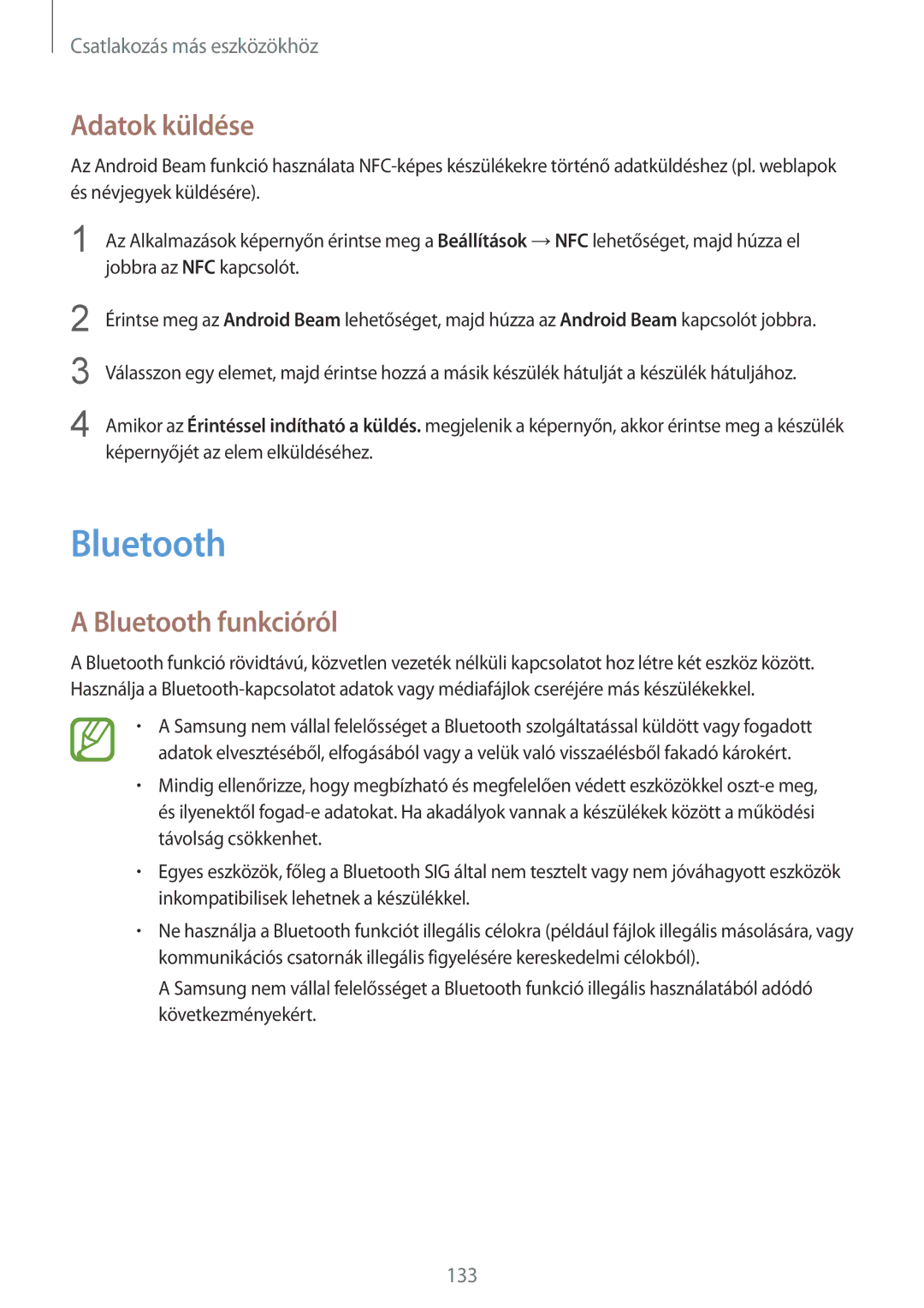 Samsung SM-G900FZKAIDE, SM-G900FZKADBT, SM-G900FZWAETL, SM-G900FZWAATO manual Adatok küldése, Bluetooth funkcióról 