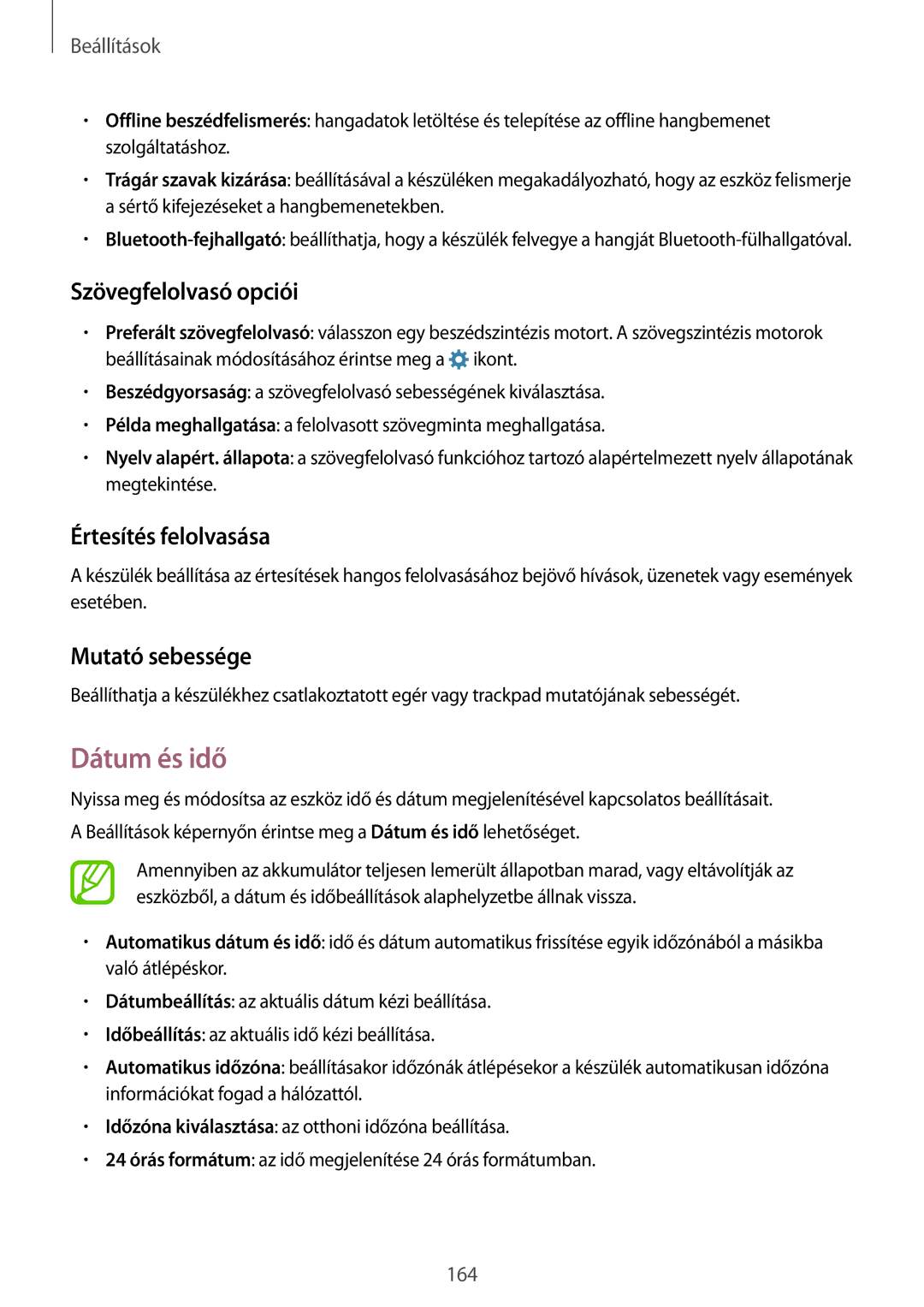 Samsung SM-G900FZKAVGR, SM-G900FZKADBT manual Dátum és idő, Szövegfelolvasó opciói, Értesítés felolvasása, Mutató sebessége 