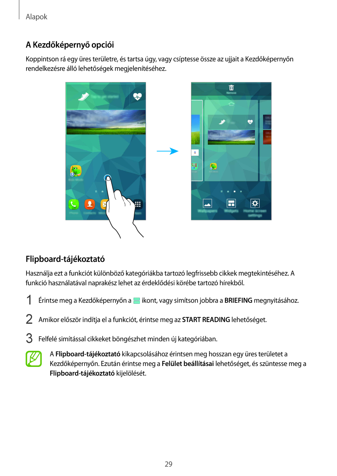 Samsung SM-G900FZDAXEH, SM-G900FZKADBT, SM-G900FZWAETL, SM-G900FZWAATO manual Kezdőképernyő opciói, Flipboard-tájékoztató 