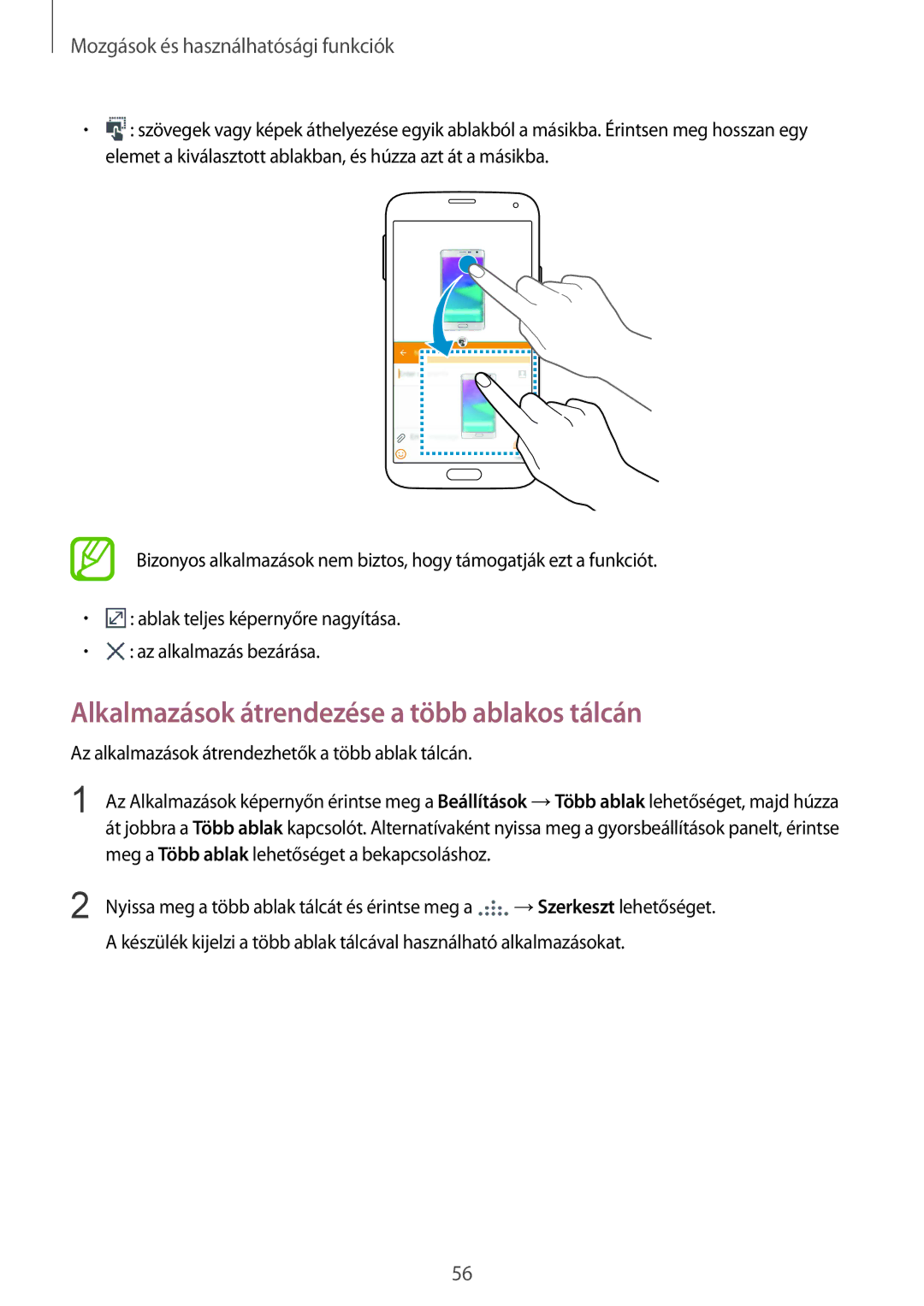 Samsung SM-G900FZDAORX, SM-G900FZKADBT, SM-G900FZWAETL, SM-G900FZWAATO manual Alkalmazások átrendezése a több ablakos tálcán 