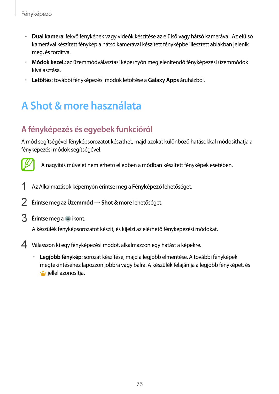 Samsung SM-G900FZBAORX, SM-G900FZKADBT, SM-G900FZWAETL manual Shot & more használata, Fényképezés és egyebek funkcióról 