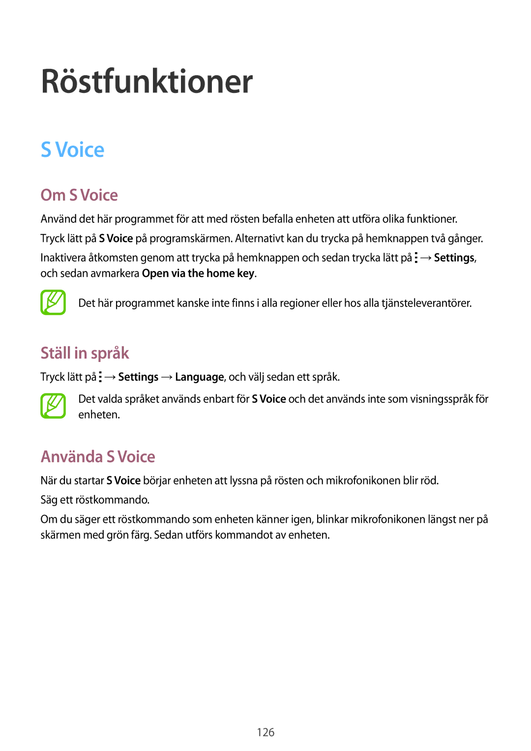 Samsung SM-G900FZWATEN, SM-G900FZKAVDS, SM-G900FZDANEE manual Röstfunktioner, Om S Voice, Ställ in språk, Använda S Voice 