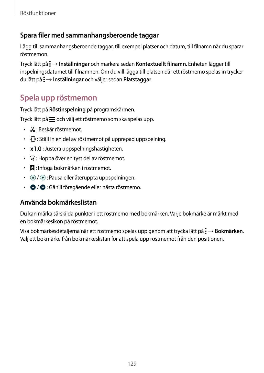 Samsung SM-G900FZWENEE manual Spela upp röstmemon, Spara filer med sammanhangsberoende taggar, Använda bokmärkeslistan 