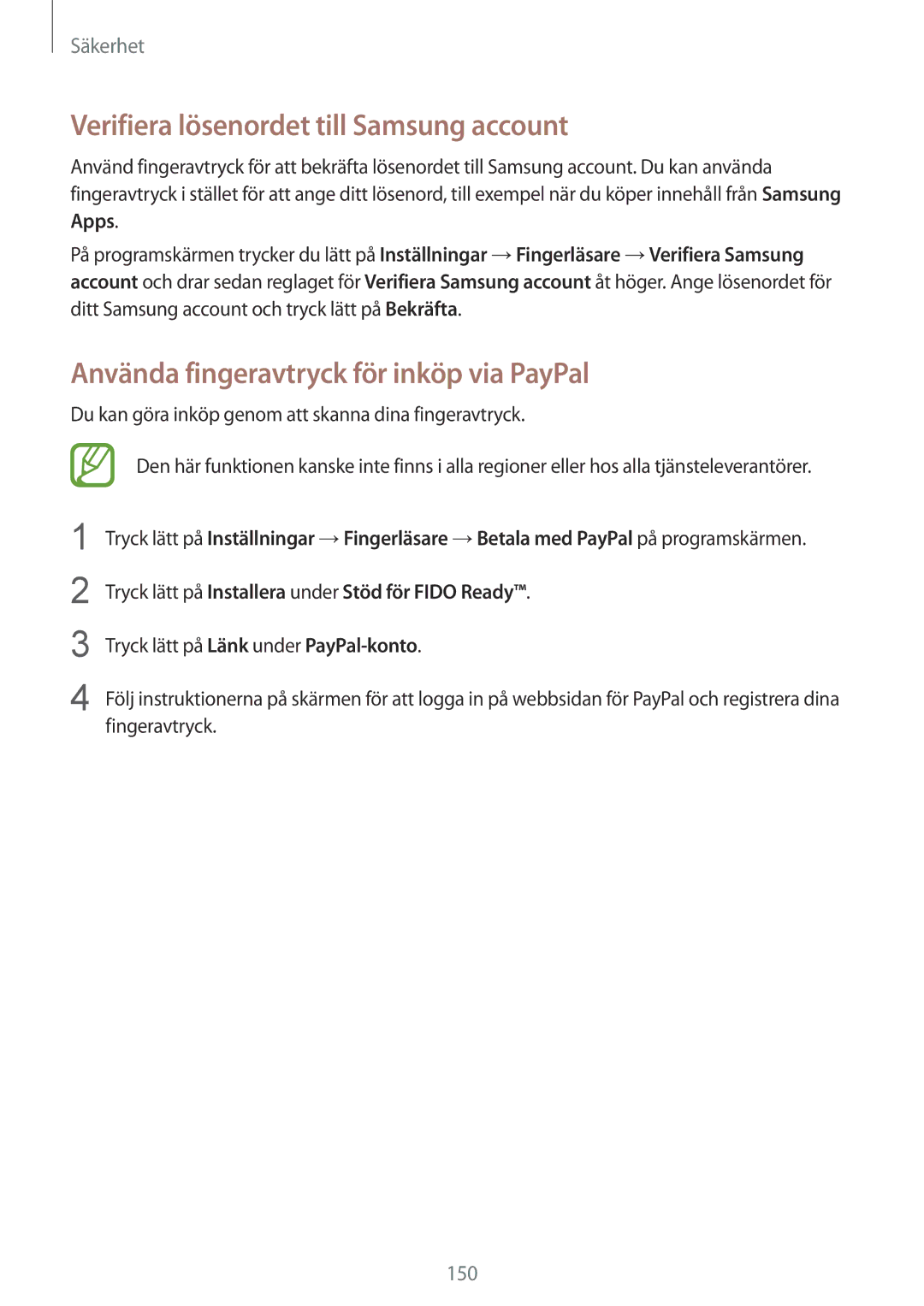 Samsung SM-G900FZKAHTS manual Verifiera lösenordet till Samsung account, Använda fingeravtryck för inköp via PayPal 