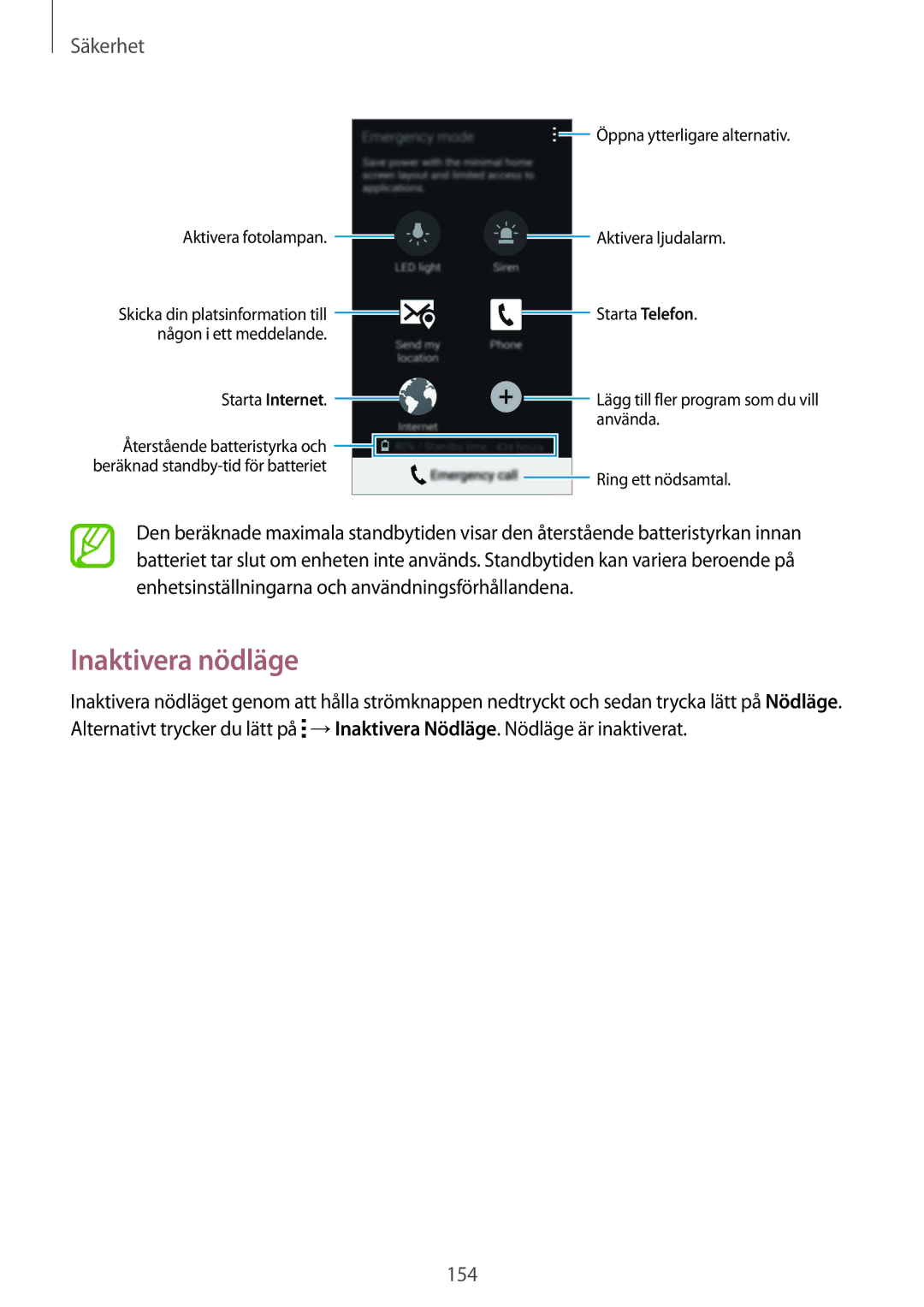 Samsung SM-G900FZDANEE, SM-G900FZKAVDS, SM-G900FZWANEE, SM-G900FZDAHTS, SM-G900FZKANEE, SM-G900FZNANEE manual Inaktivera nödläge 