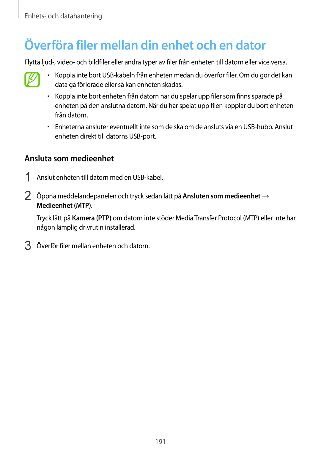 Samsung SM-G900FZKANEE manual Överföra filer mellan din enhet och en dator, Ansluta som medieenhet, Medieenhet MTP 