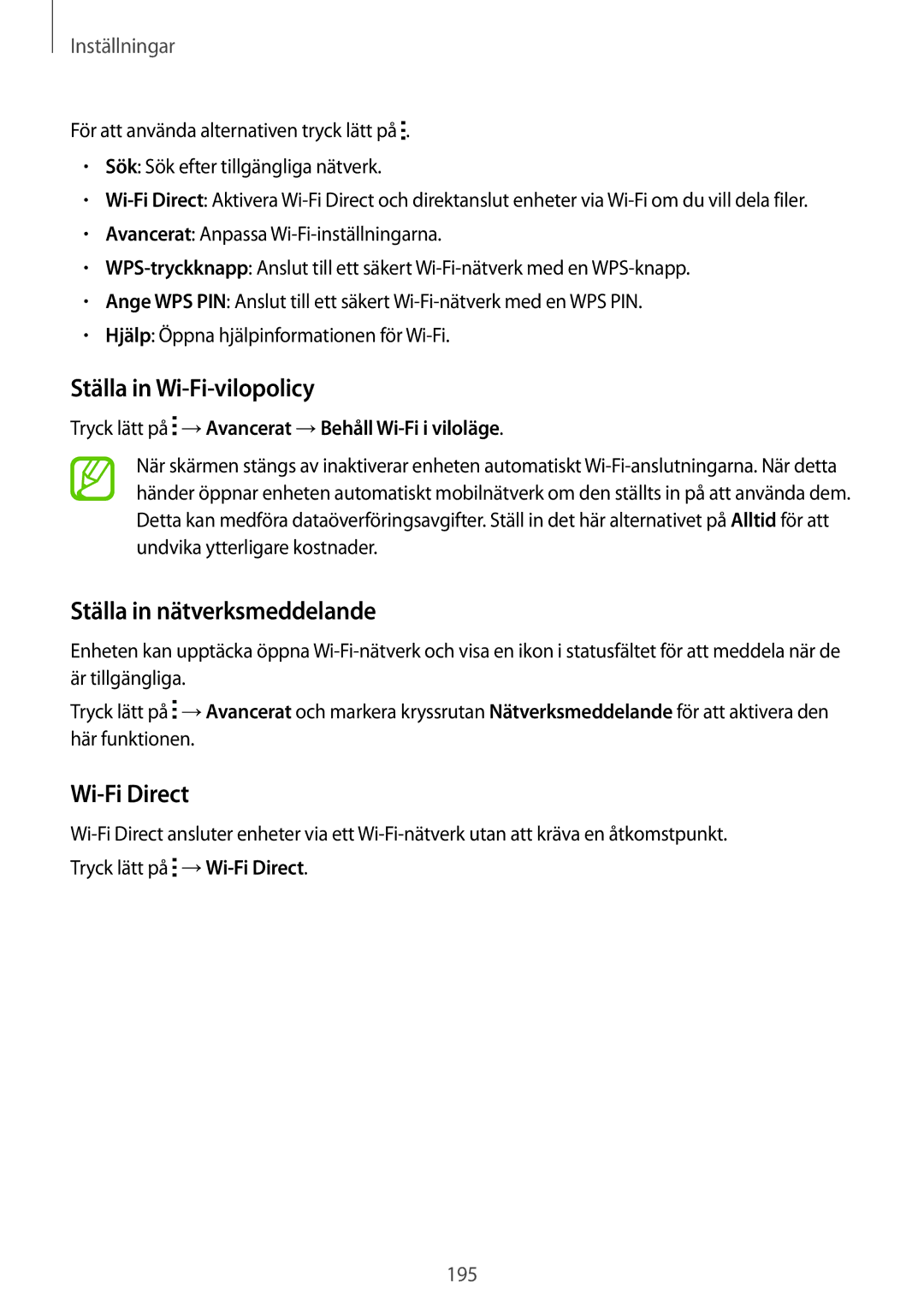 Samsung SM-G900FZWAVDS, SM-G900FZKAVDS manual Ställa in Wi-Fi-vilopolicy, Ställa in nätverksmeddelande, Wi-Fi Direct 