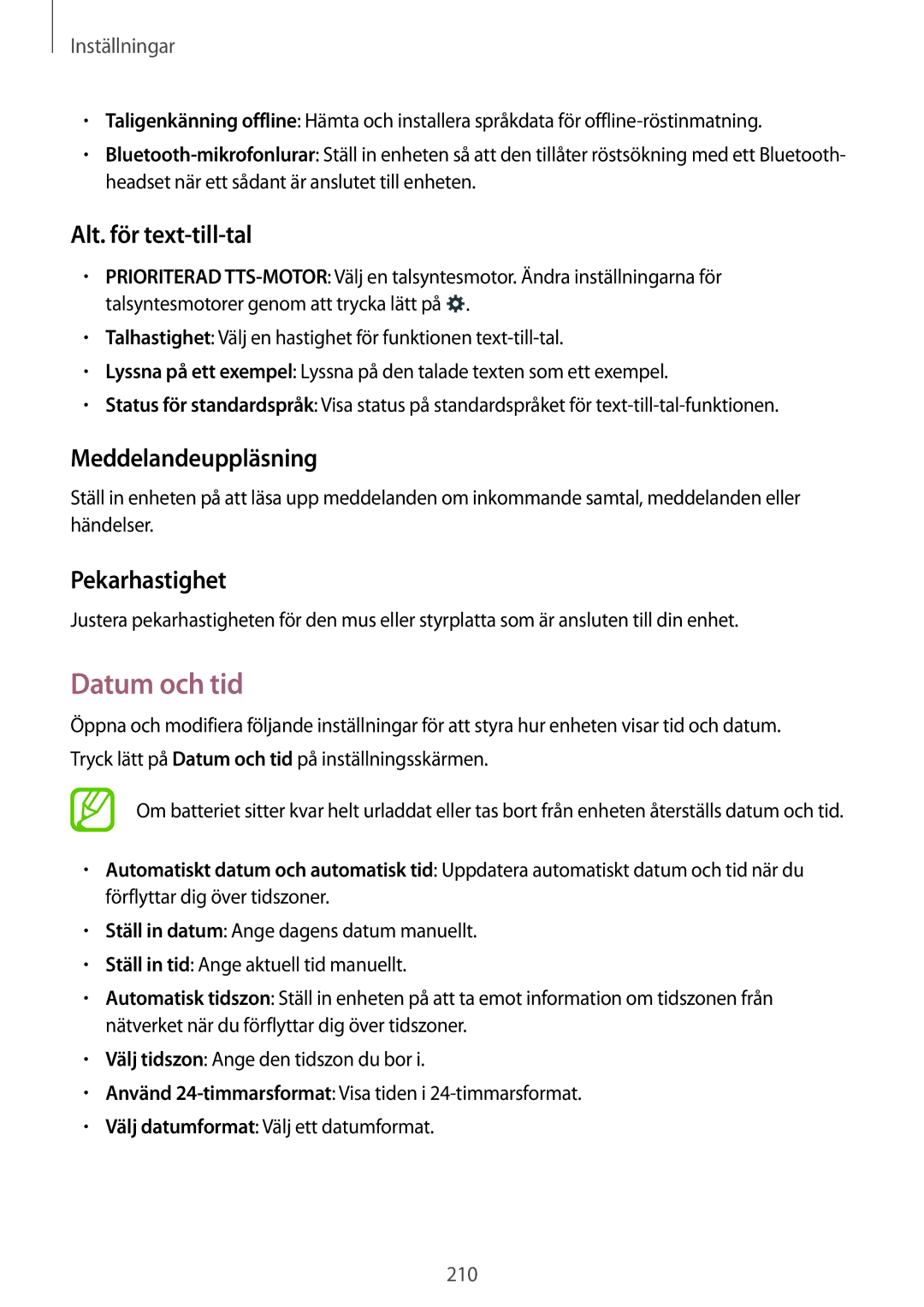 Samsung SM-G900FZNENEE, SM-G900FZKAVDS manual Datum och tid, Alt. för text-till-tal, Meddelandeuppläsning, Pekarhastighet 