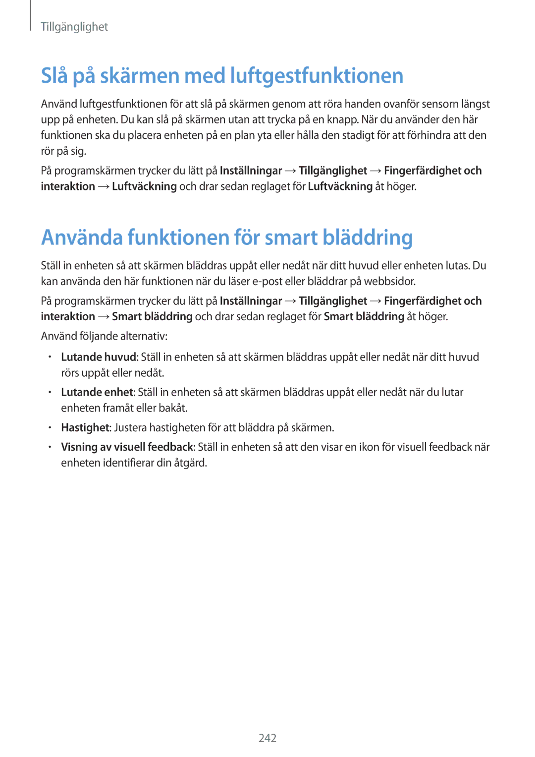 Samsung SM-G900FZKANEE, SM-G900FZKAVDS manual Slå på skärmen med luftgestfunktionen, Använda funktionen för smart bläddring 