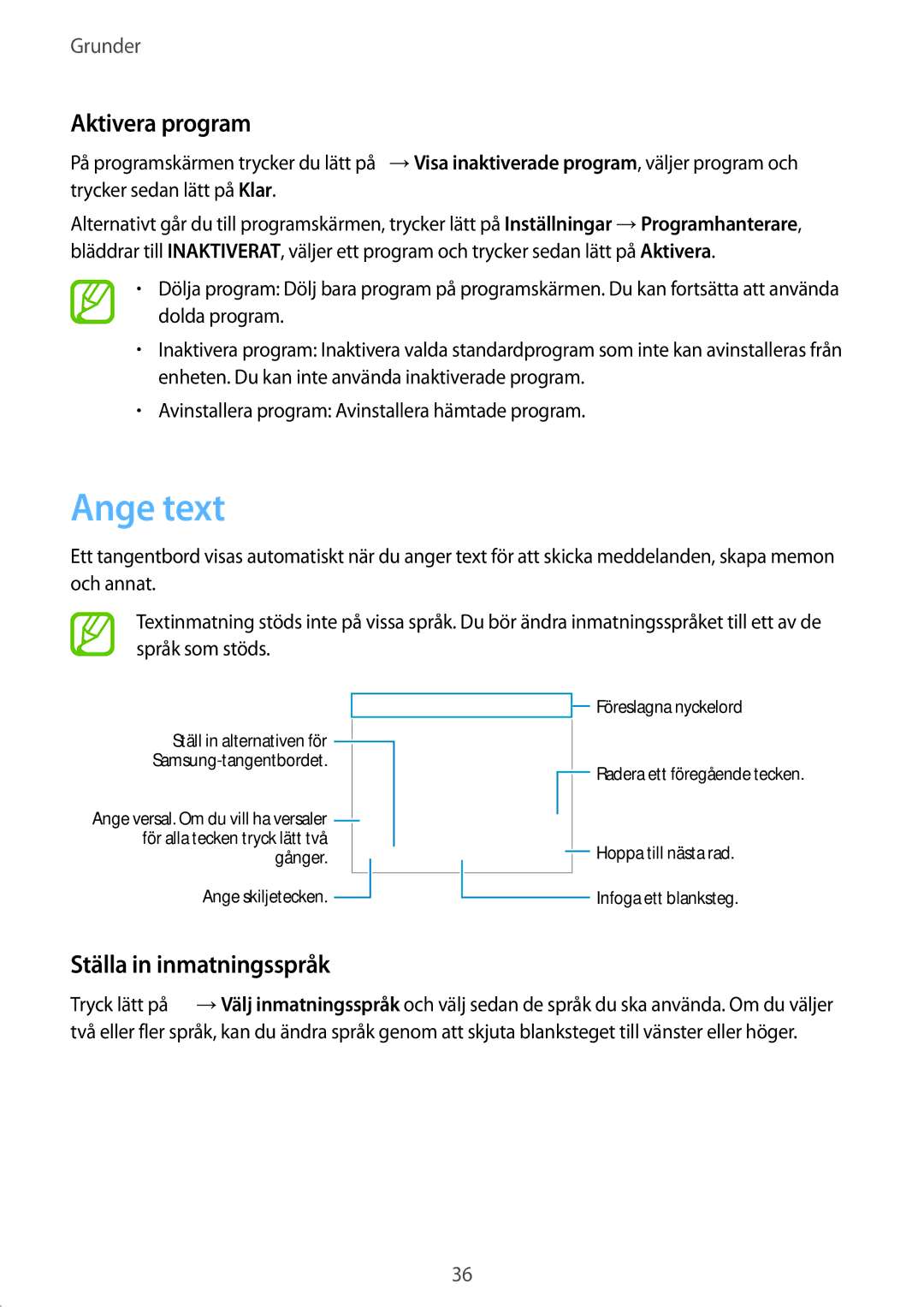 Samsung SM-G900FZWANEE, SM-G900FZKAVDS, SM-G900FZDANEE manual Ange text, Aktivera program, Ställa in inmatningsspråk 