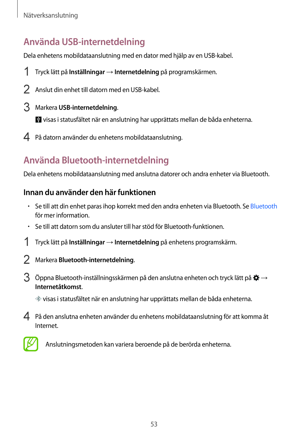 Samsung SM-G900FZWANEE manual Använda USB-internetdelning, Använda Bluetooth-internetdelning, Markera USB-internetdelning 