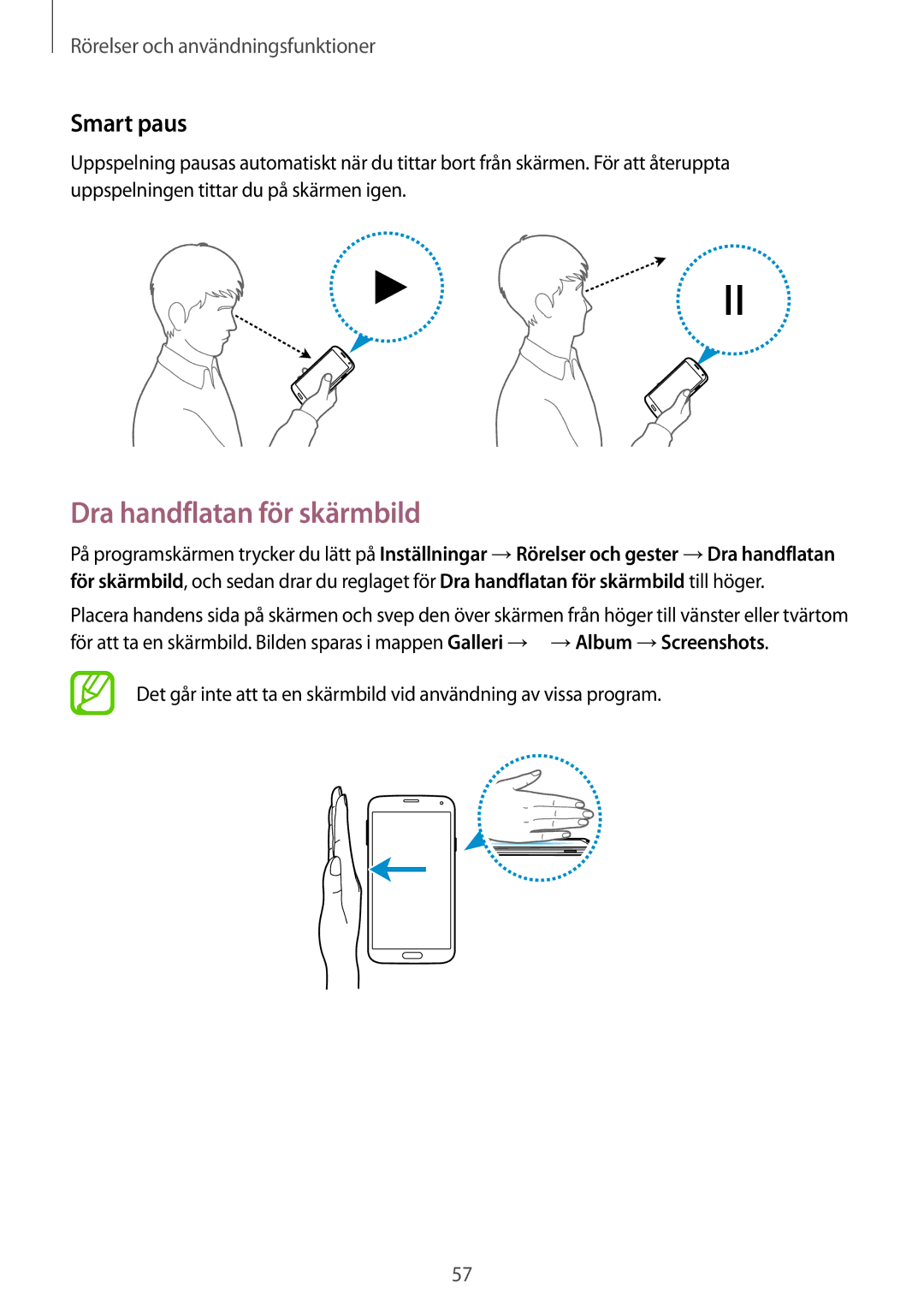 Samsung SM-G900FZNENEE, SM-G900FZKAVDS, SM-G900FZDANEE, SM-G900FZWANEE manual Dra handflatan för skärmbild, Smart paus 