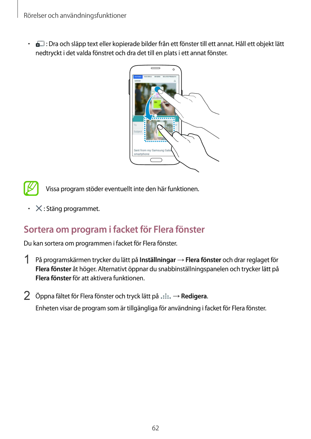 Samsung SM-G900FZBATEN, SM-G900FZKAVDS, SM-G900FZDANEE, SM-G900FZWANEE manual Sortera om program i facket för Flera fönster 