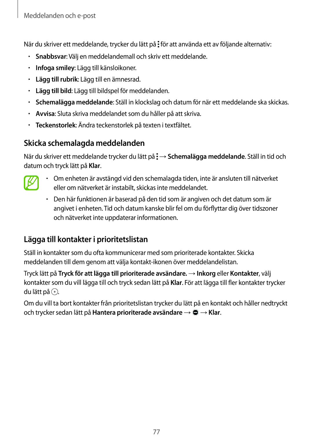 Samsung SM-G900FZWAHTS, SM-G900FZKAVDS manual Skicka schemalagda meddelanden, Lägga till kontakter i prioritetslistan 