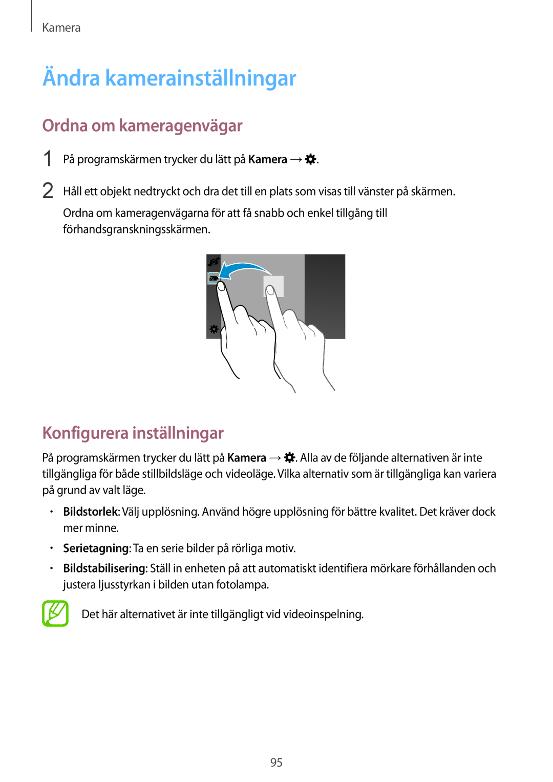 Samsung SM-G900FZWENEE, SM-G900FZKAVDS manual Ändra kamerainställningar, Ordna om kameragenvägar, Konfigurera inställningar 