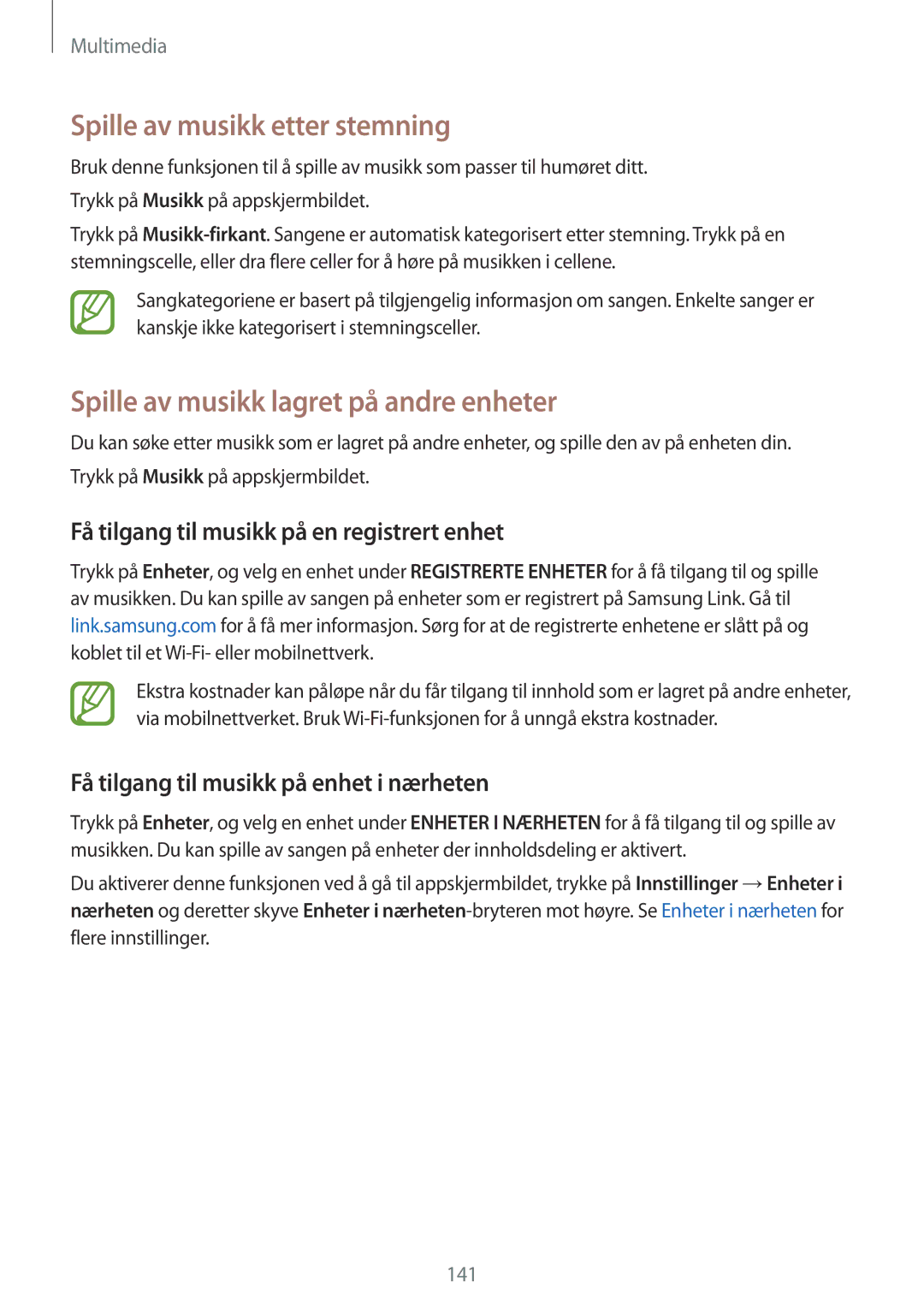 Samsung SM-G900FZNANEE, SM-G900FZKAVDS manual Spille av musikk etter stemning, Spille av musikk lagret på andre enheter 