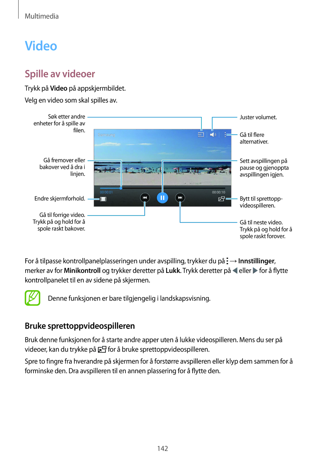Samsung SM-G900FZNENEE, SM-G900FZKAVDS, SM-G900FZDANEE manual Video, Spille av videoer, Bruke sprettoppvideospilleren 