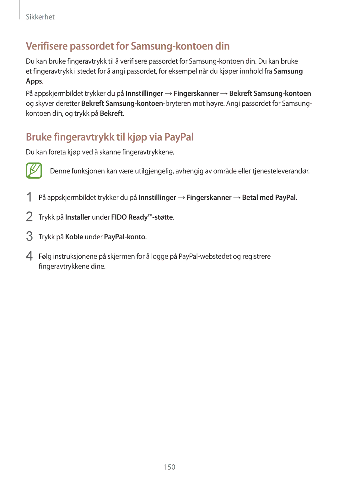 Samsung SM-G900FZKAHTS manual Verifisere passordet for Samsung-kontoen din, Bruke fingeravtrykk til kjøp via PayPal 