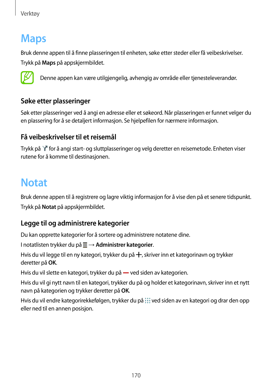 Samsung SM-G900FZKAVDS, SM-G900FZDANEE manual Maps, Notat, Søke etter plasseringer, Få veibeskrivelser til et reisemål 