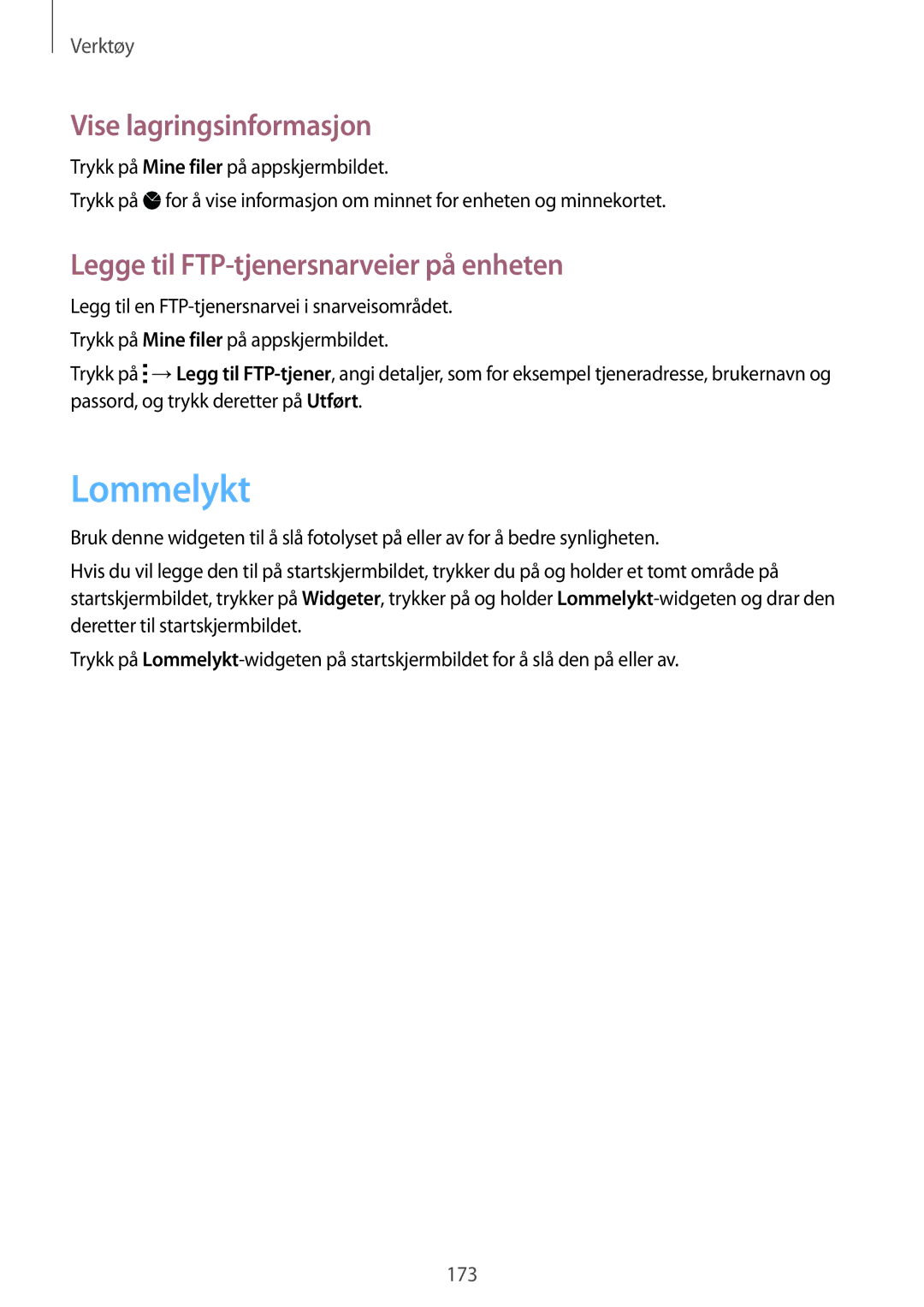 Samsung SM-G900FZDAHTS, SM-G900FZKAVDS manual Lommelykt, Vise lagringsinformasjon, Legge til FTP-tjenersnarveier på enheten 