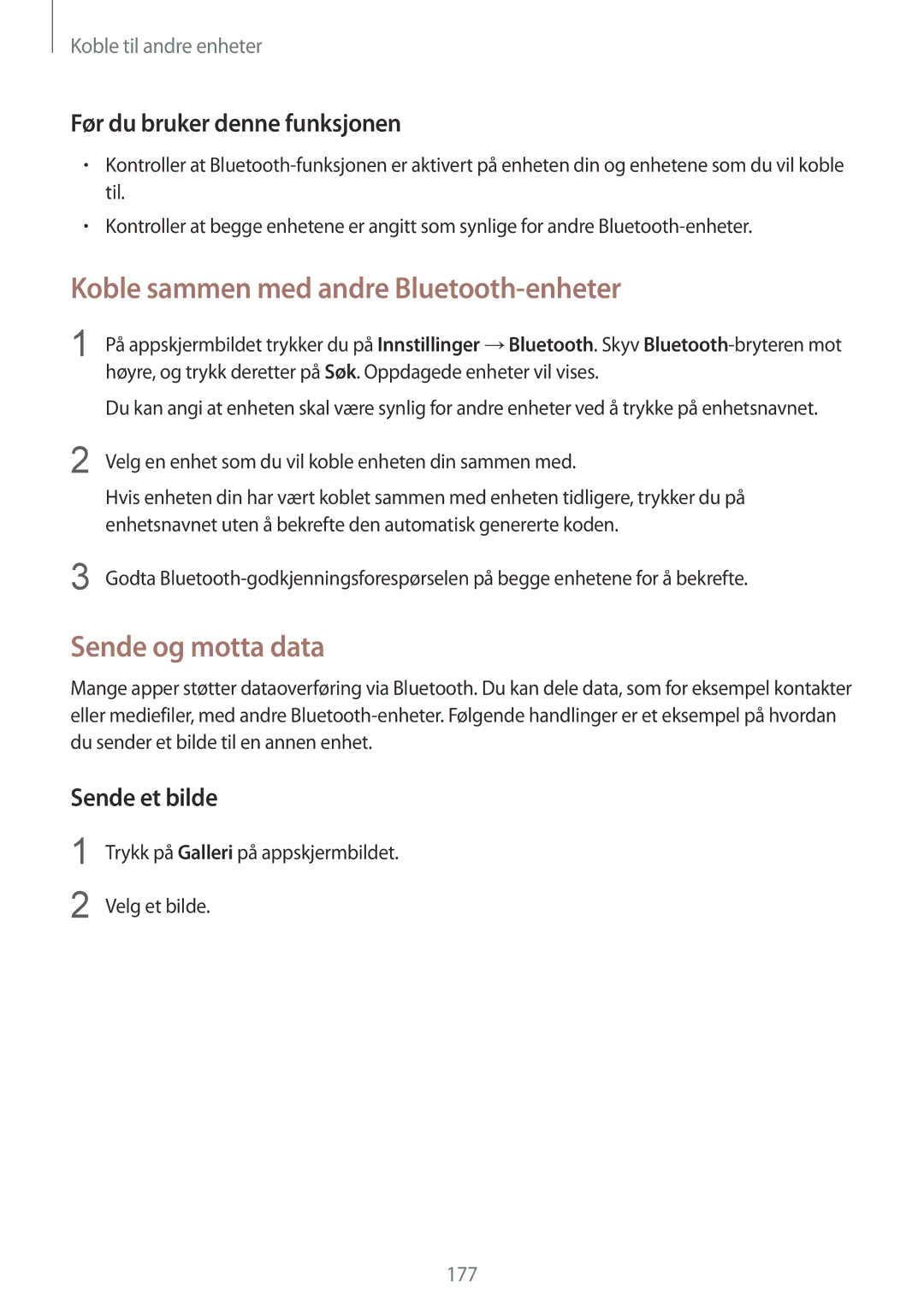 Samsung SM-G900FZWATEN, SM-G900FZKAVDS manual Koble sammen med andre Bluetooth-enheter, Sende og motta data, Sende et bilde 