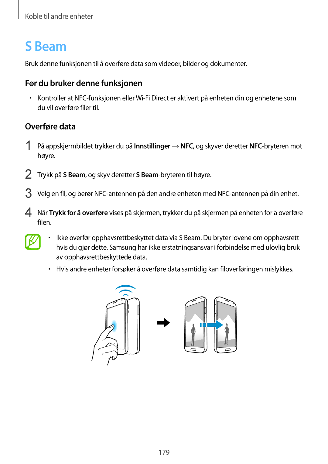 Samsung SM-G900FZWAHTS manual Overføre data, Høyre, Trykk på S Beam, og skyv deretter S Beam-bryteren til høyre, Filen 