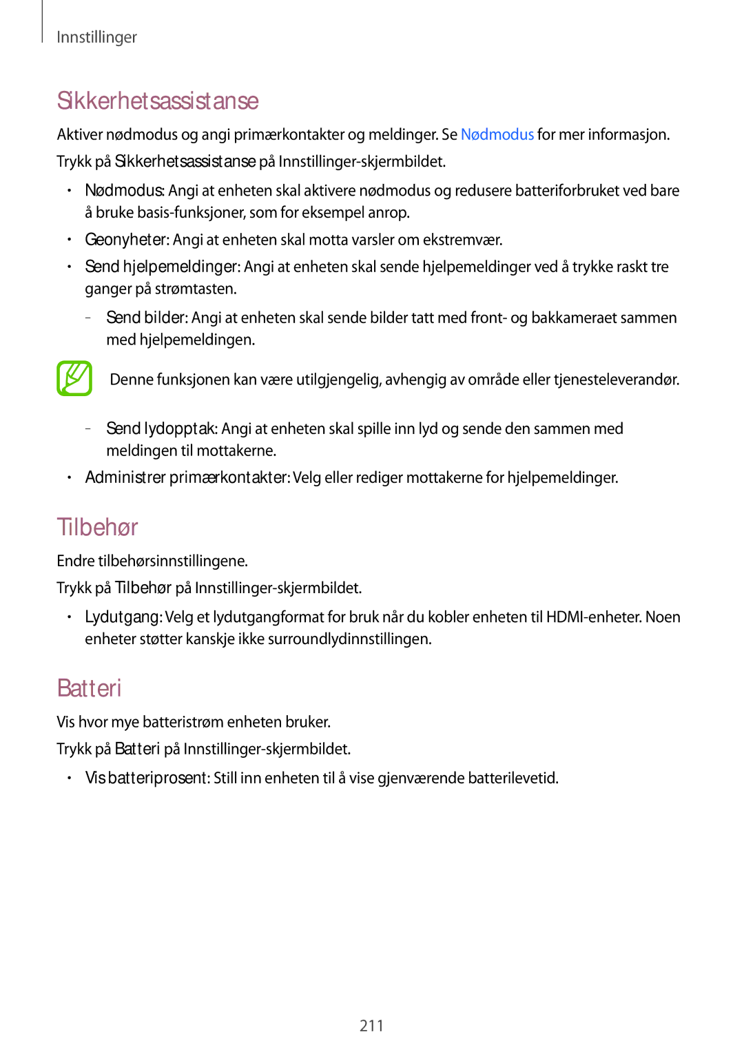 Samsung SM-G900FZWATEN, SM-G900FZKAVDS, SM-G900FZDANEE, SM-G900FZWANEE manual Sikkerhetsassistanse, Tilbehør, Batteri 