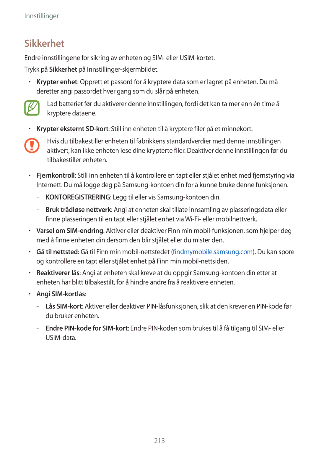 Samsung SM-G900FZWAHTS manual Sikkerhet, Kontoregistrering Legg til eller vis Samsung-kontoen din, Angi SIM-kortlås 