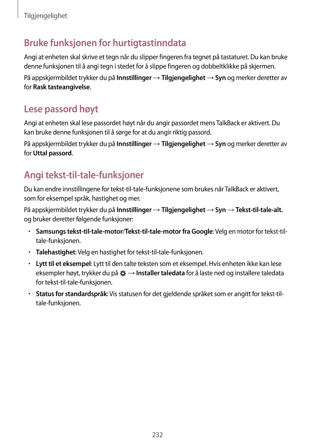 Samsung SM-G900FZBATEN manual Bruke funksjonen for hurtigtastinndata, Lese passord høyt, Angi tekst-til-tale-funksjoner 