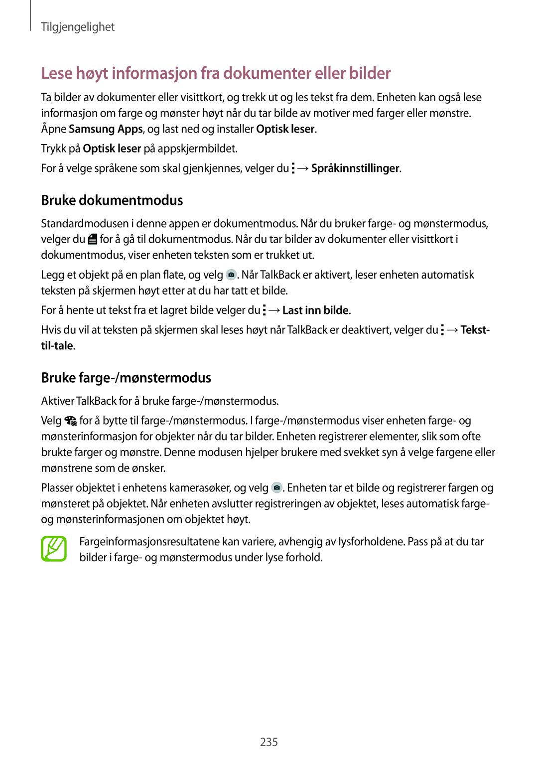 Samsung SM-G900FZKAHTS Lese høyt informasjon fra dokumenter eller bilder, Bruke dokumentmodus, Bruke farge-/mønstermodus 