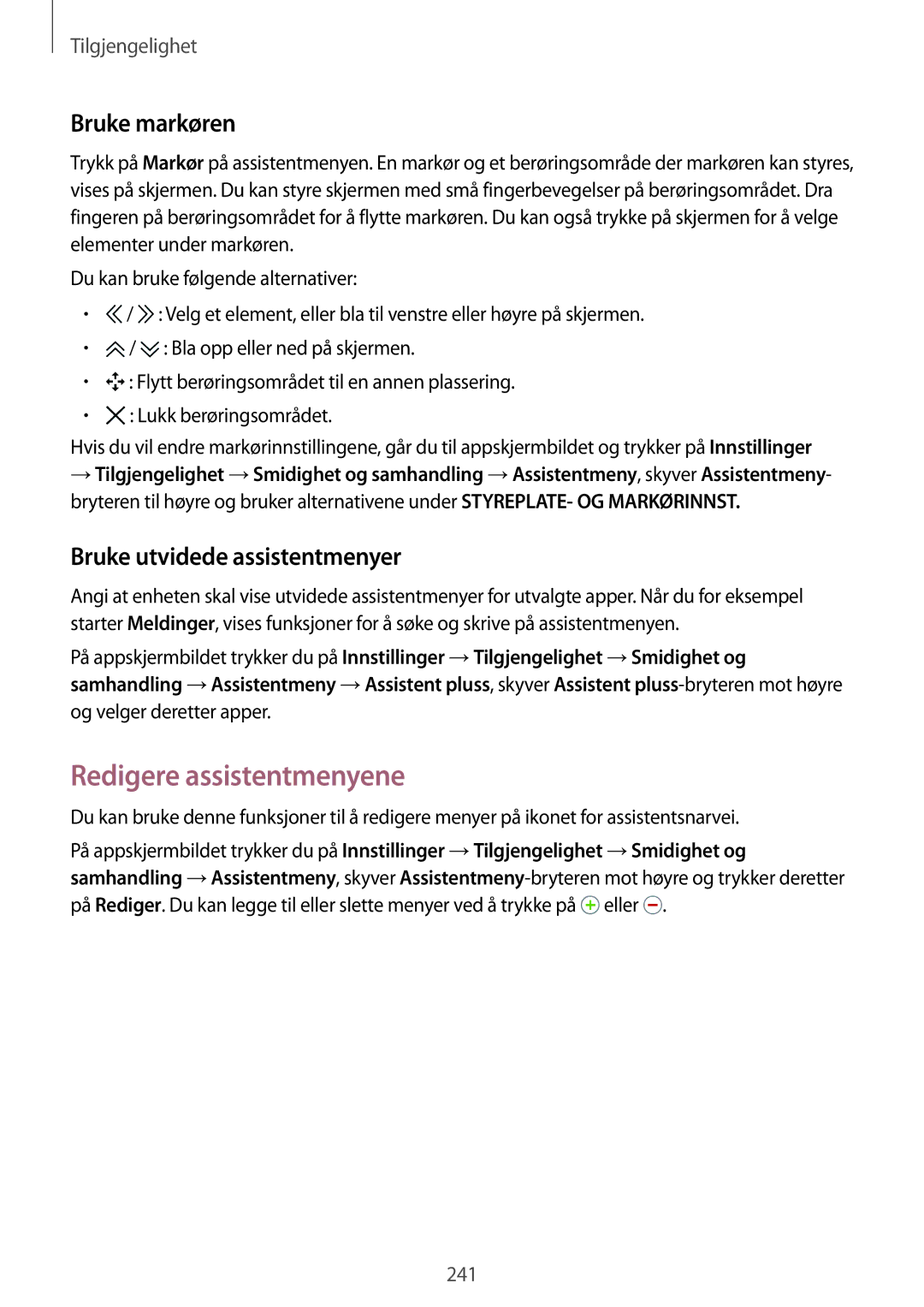 Samsung SM-G900FZDAHTS, SM-G900FZKAVDS manual Redigere assistentmenyene, Bruke markøren, Bruke utvidede assistentmenyer 