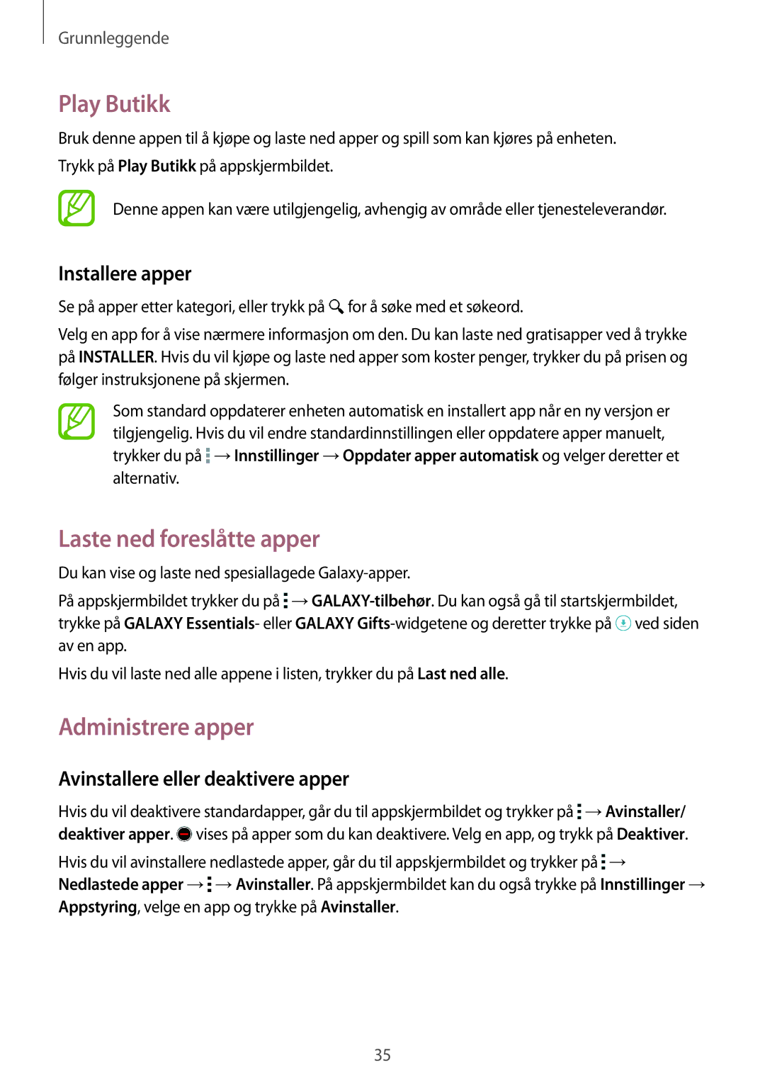 Samsung SM-G900FZDANEE Play Butikk, Laste ned foreslåtte apper, Administrere apper, Avinstallere eller deaktivere apper 