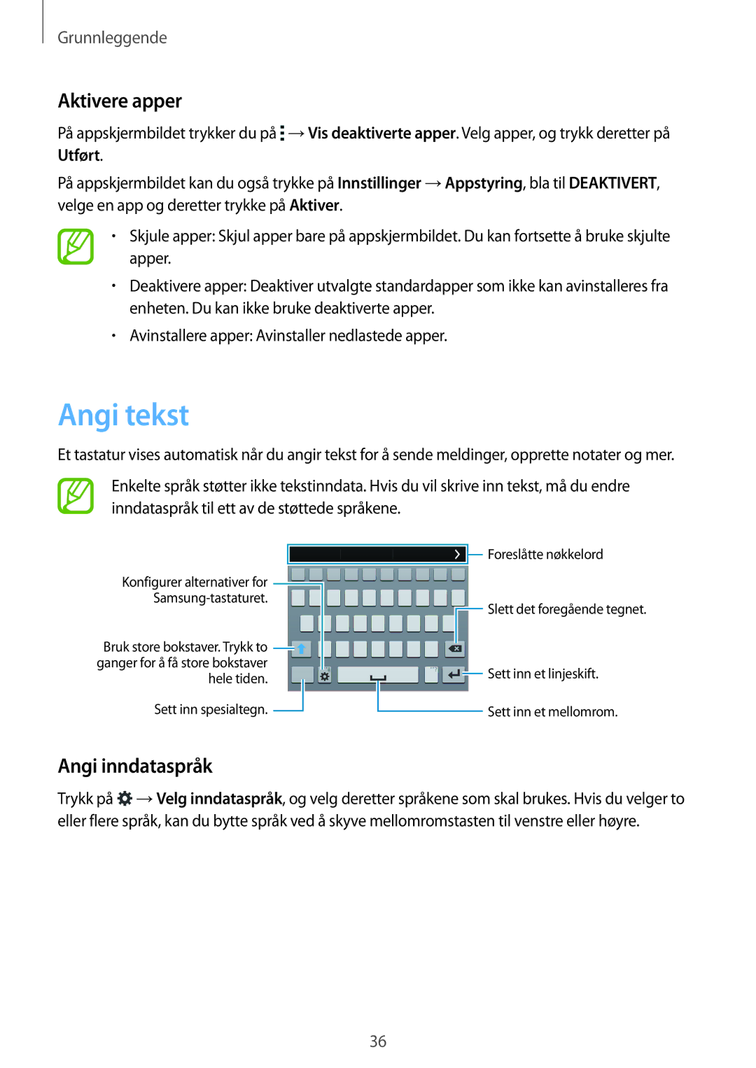 Samsung SM-G900FZWANEE, SM-G900FZKAVDS, SM-G900FZDANEE, SM-G900FZDAHTS manual Angi tekst, Aktivere apper, Angi inndataspråk 