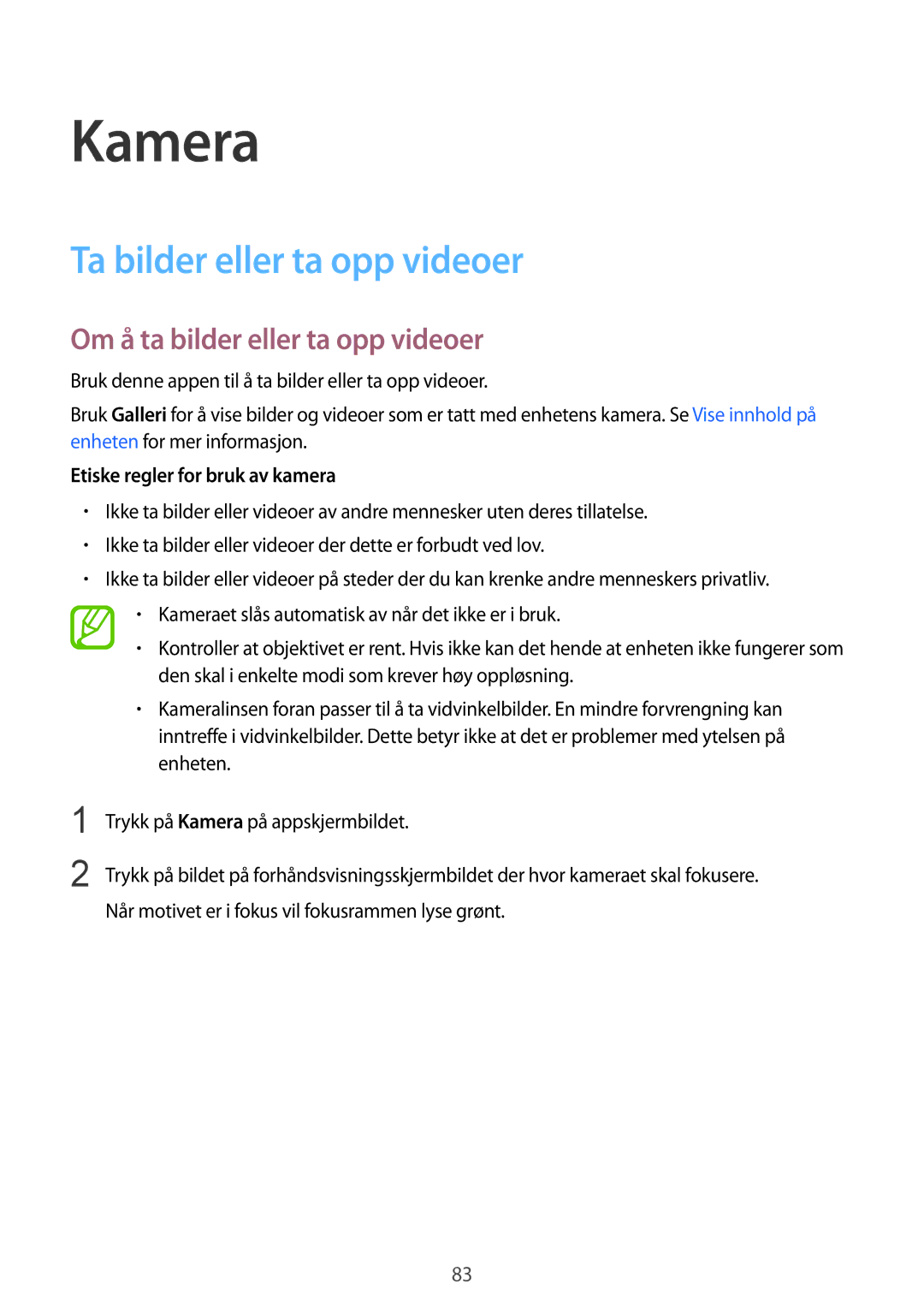 Samsung SM-G900FZDATEN, SM-G900FZKAVDS manual Kamera, Ta bilder eller ta opp videoer, Om å ta bilder eller ta opp videoer 